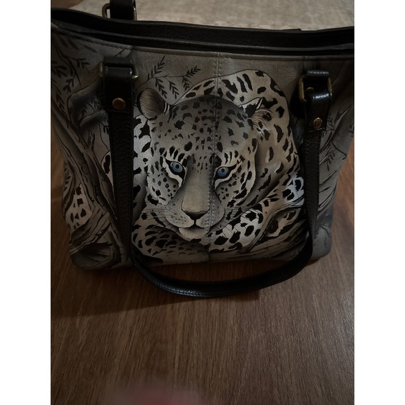 Anna Handbags - Anna Hand Painted Leather Leopard Tote Bag Gray Blue Eyes Shoulder Bag Artisan
